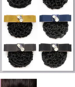 Professional hair net bow detail shot, elegant workplace hair accessory with floral accent.