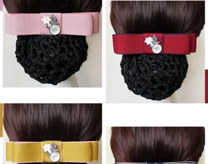 Professional hair net bow barrette with ribbon and elegant flower decor for workplace wear.