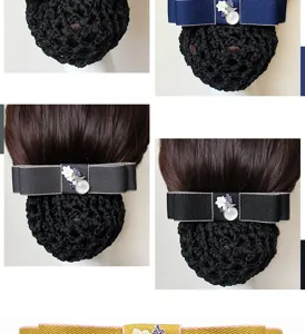 Professional hairnet bun cover with bow and pearl flower detail, perfect for work wear.