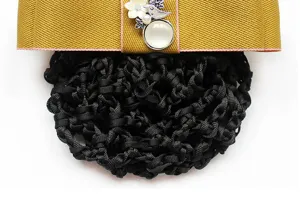 Professional hair net with mustard yellow bow and floral decoration for workplace uniform.