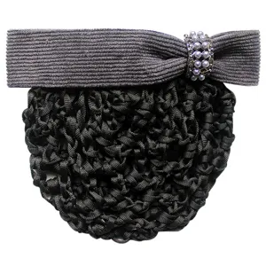 Grey knit hair net bow with pearl rhinestone buckle for professional nurse hair styling main