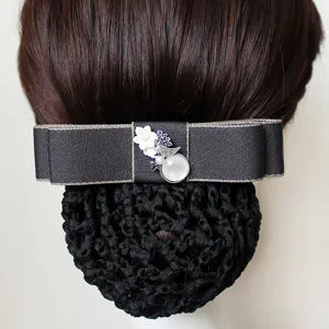 Professional hairnet bow hair clip for women, elegant dark grey ribbon with floral decor.