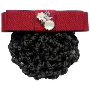 Professional hair net bow clip for women workplace elegant red ribbon hair accessory bun cover