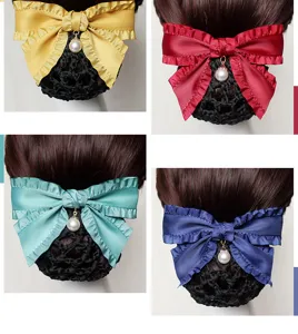 Detail view of professional hair net with elegant bow and pearl pendant in four vibrant colors.