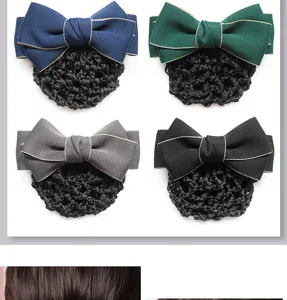 Close-up details of professional hair net clip with bow, showing multi-color fabric bow options.