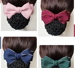 Detailed view of professional hair net bow clip, elegant design with multiple color options.