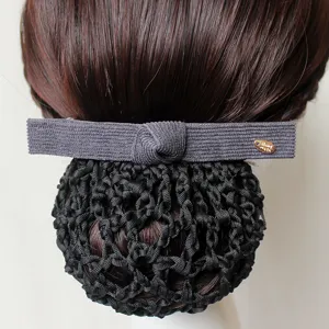 Elegant black hair net bun cover with gray bow ribbon for professional work wear and daily use.