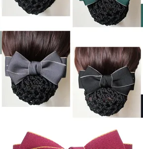 Professional hair net clip detail view, elegant bow design, secure hold for workplace style.
