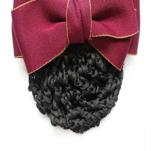 Detailed close-up shot of the professional hair net with burgundy bow and black mesh netting.