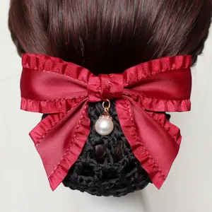 Professional hair net with red satin bow and pearl pendant for hotel uniform styling 1pc