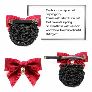 Professional hair net bow clip with elegant red satin ribbon and detachable mesh pocket for work.