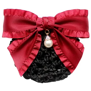 Elegant red satin bow hair net with pearl pendant, professional hair bun cover for women.