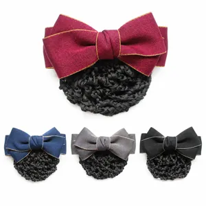 Professional elegant hair net bow clip set, perfect bun cover for bank office staff wear.