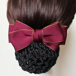 Elegant wine red bow hair net bun cover for professional wear, secure and stylish hair clip.