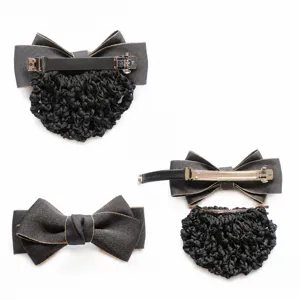 Black bow hair net clip with detachable mesh, professional bun cover hairpin for women.