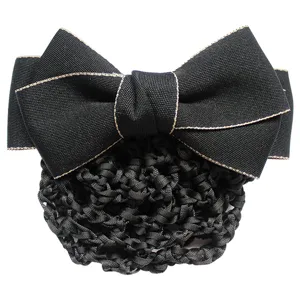 Professional black hair net bow clip with gold trim, elegant bun maker for nurses and bank staff.