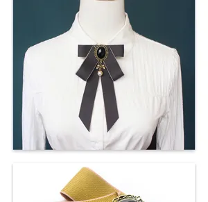 Dark grey JK ribbon bow tie with vintage black gemstone brooch and pearl pendant for women.