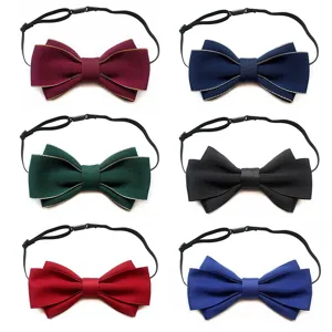 Men's Classic Woven Polyester Bow Tie Solid Color Double Layer Bowtie With Adjustable Strap For Formal Wedding Suit