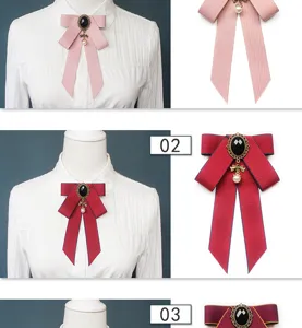 JK Japanese style ribbon bow tie brooch with black gem and pearl pendant for women uniform.