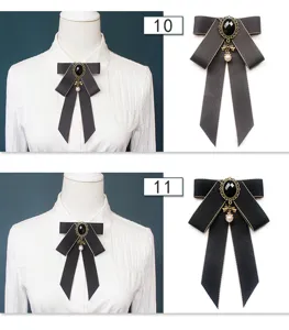 Black bow brooch detail showing vintage black gem pendant and pearl charm for JK uniform style.