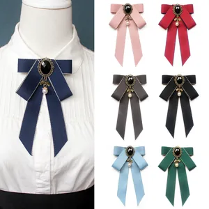 Women JK Uniform Bow Tie Ribbon Collar Flower Vintage Alloy Black Gem Artificial Pearl Brooch Neckwear Fashion Accessories