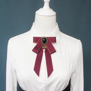 Women JK Ribbon Bow Tie Retro Burgundy Collar Brooch Uniform Necktie Fashion Accessory