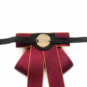 Wine red JK uniform bow tie with metal pin and adjustable elastic strap for women.