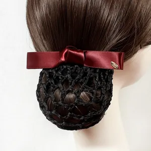 Professional hair net with wine red satin bow, neat bun cover for nurse, hotel, and stewardess.