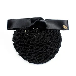 Professional black hair net with satin bow, nurse and flight attendant hair accessory, 12cm