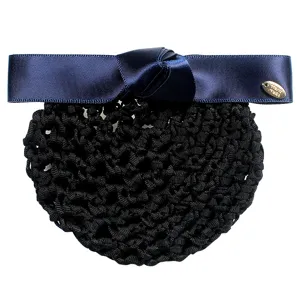 Professional dark blue bow hair net for nurses and flight attendants, elegant black snood.