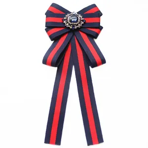 Femme Bleu Marine Rouge Rayé Nœud Papillon Broche Élégant Cristal Strass Cravate Uniforme