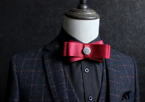 Men's red satin bow tie with rhinestone center, formal wedding suit tuxedo accessory.