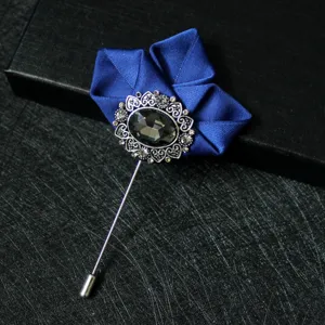 Men Suit Collar Pin Brooch Alloy Rhinestone Fabric Flower Boutonniere Lapel Pin Sweater Cardigan Decor Jewelry