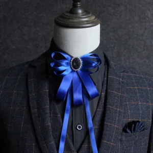 Elegant blue ribbon bow tie for men, stylish brooch accessory for suits and shirts.