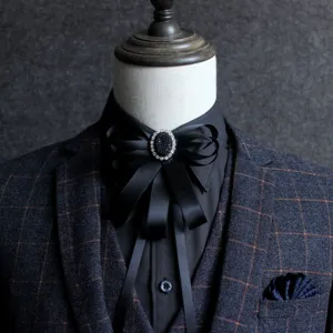 Men's formal black ribbon bow tie with crystal rhinestone brooch for wedding suit wear