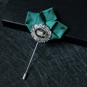 Mens suit lapel pin vintage green fabric brooch flower crystal rhinestone jewelry
