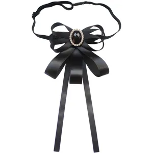 Black satin ribbon bow tie for men suit shirt with sparkling crystal rhinestone center. Perfect wedding accessory.