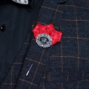 Men vintage red ribbon crystal lapel pin suit brooch decorative collar accessory jewelry