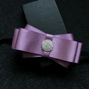 Men's purple satin bow tie with crystal rhinestone center for wedding formal suit shirt