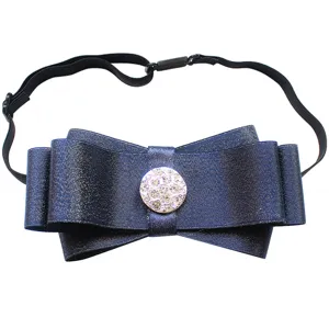 Men's navy blue glitter bow tie with rhinestone center and adjustable black elastic strap.