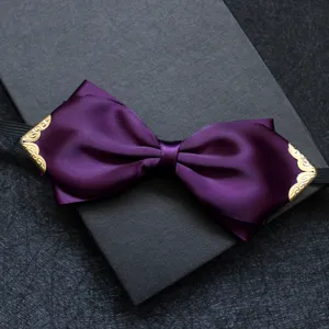 Elegante farfallina in raso viola con dettagli metallici dorati per abito formale uomo.