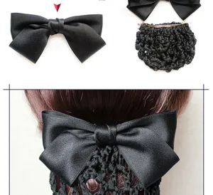 Black satin bow hair net nurse bun cover professional hair clip for elegant workplace style.