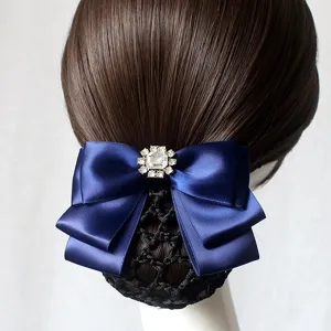 Navy blue satin hair bow net clip with rhinestone center elegant bun cover for women.