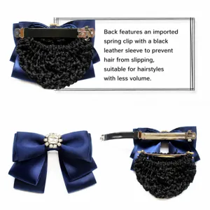 Navy blue satin bow hair clip with crystal and detachable mesh net for professional wear.