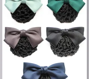 Detail view of professional hair net bun covers with elegant satin bows in multiple colors.