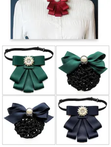 Close up details of elegant satin ribbon bow tie and hair net set with pearl rhinestone decor.