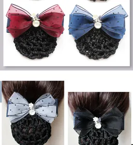 Professional silk yarn bow hairnet clip detail view, elegant polka dot mesh bun cover styling.