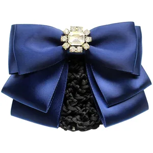 Professional dark blue satin bow hair net clip with crystal centerpiece for women workplace 12x8cm