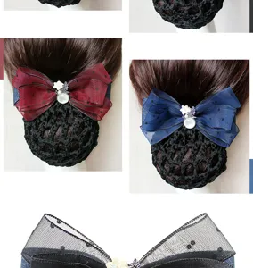 Professional hair bun cover net with elegant chiffon bow and pearl flower detail for work.