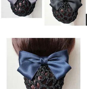 Satin bow hair net detail, secure elastic mesh design for neat professional buns and daily work wear.